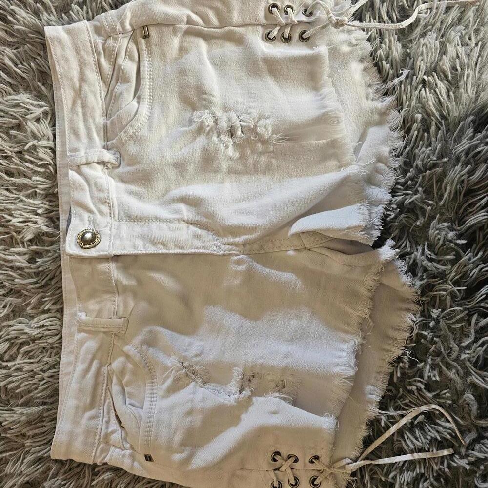 Sexy Couture White Distressed Denim Shorts with Lace-Up Detail